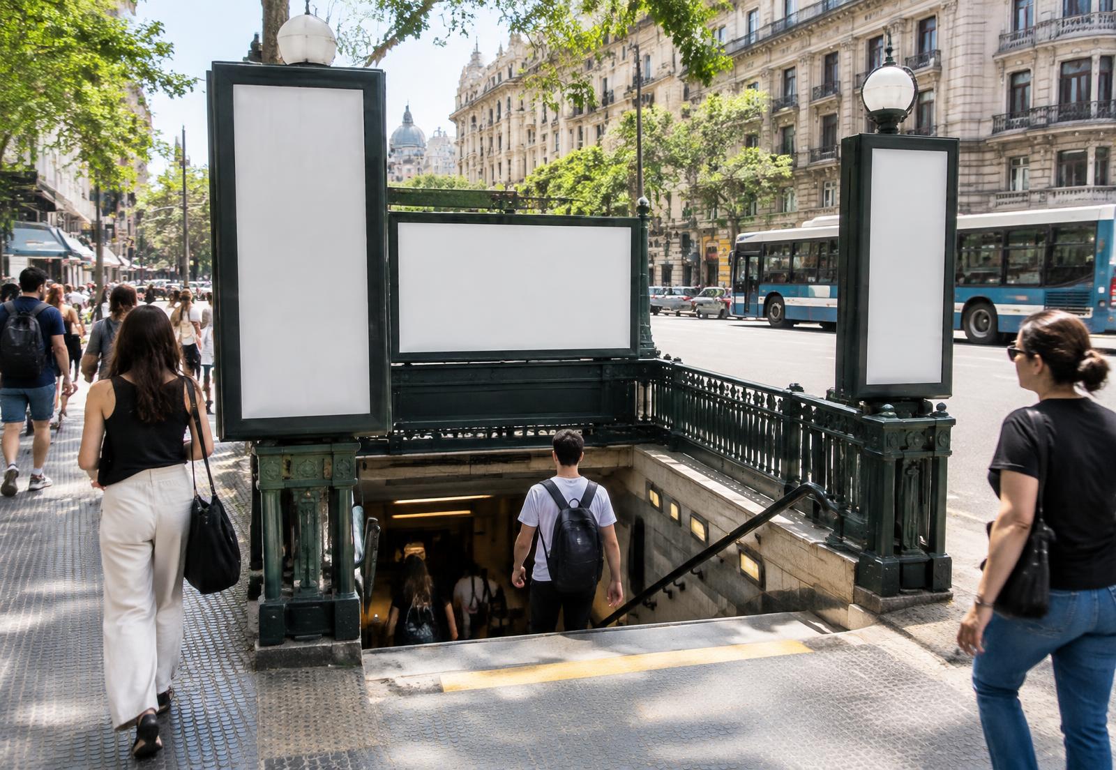 Dispositivos publicitarios alrededor de una boca de subterráneo de Buenos Aires