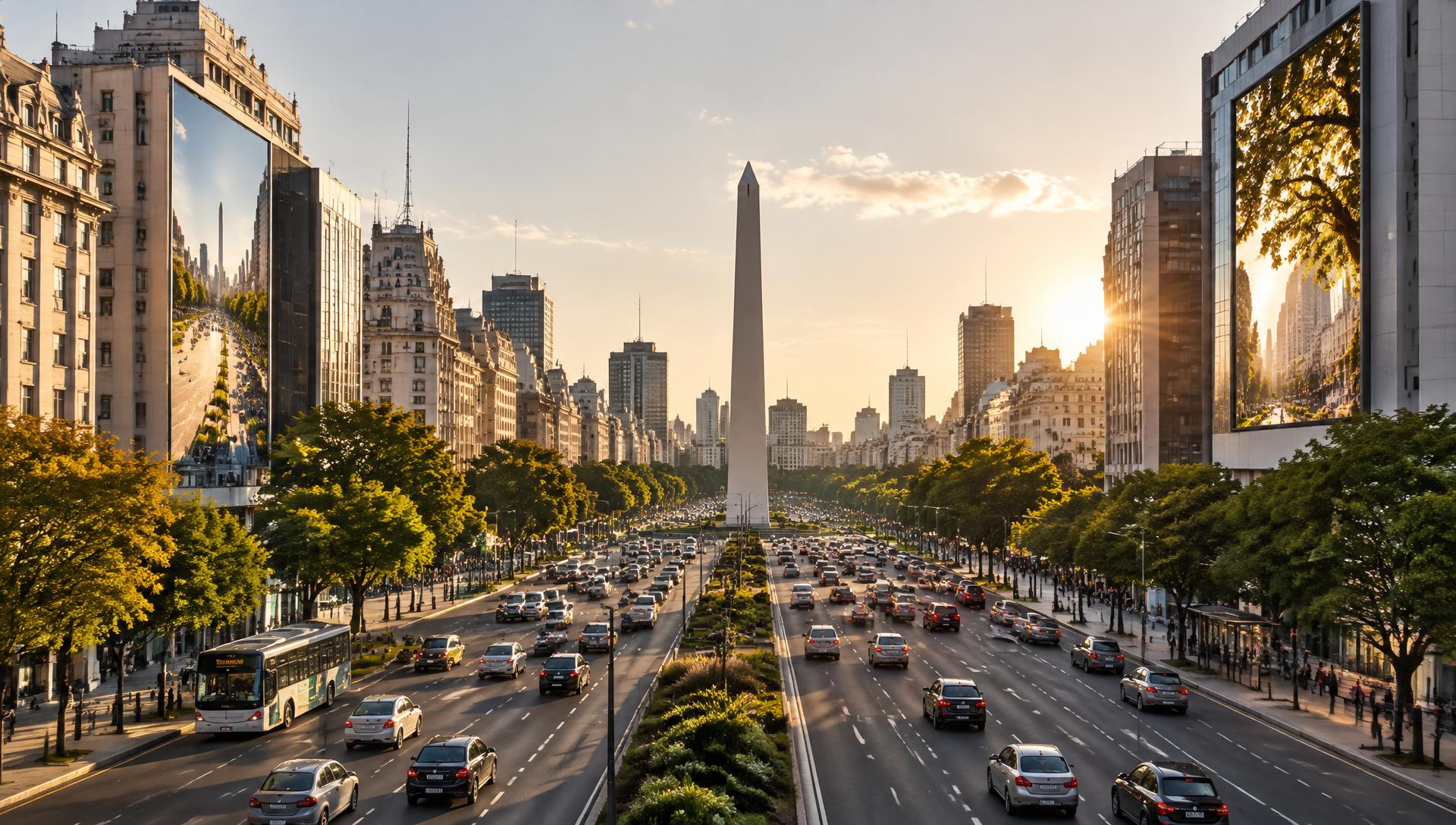 Avenida de Buenos Aires con estructuras publicitarias y tránsito en movimiento